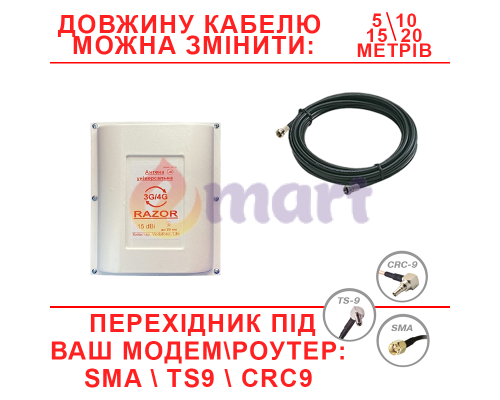 Комплект Панельной антенны 3G/4G Razor 15 dB с кабелем и переходником Комплект Панельной антенны 3G/4G Razor 15 dB с кабелем и переходником