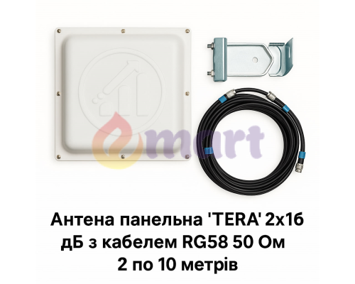 Антена панельна "TERA" 2x16дБ із кабелем RG58 50 Ом 2 по 5 метрів Антена панельна "TERA" 2x16дБ із кабелем RG58 50 Ом 2 по 5 метрів