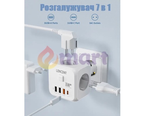 Зарядний пристрій для телефону Lencent трійник на 3 розетки з трьома USB і Type C 35 Вт розгалужувач мережі Зарядний пристрій для телефону Lencent трійник на 3 розетки з трьома USB і Type C 35 Вт розгалужувач мережі